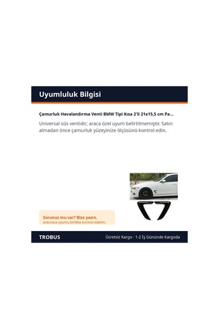 Trobus Çamurluk Havalandırma Venti Bmw Tipi Kısa 2'li 21x15,5 Cm Parlak Siyah
