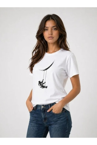 İkales Astronot Ay Temalı Tişört Kısa Kol Yazlık Bisiklet Yaka T-shirt - Beyaz