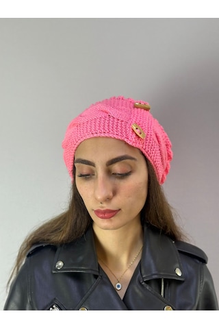 Gönülden Tasarım El Örgüsü Çoban Düğmeli Kadın Bere Pembe