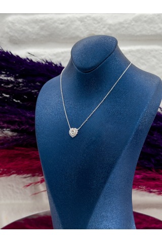 925 Ayar Gümüş Tektaş Kalpli Desenli Popüler Kadın Kolye Gümüş