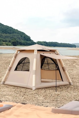 Onetick 4 Kişilik 4 Mevsim Şişme Çadır 220 X 220 Pompalı Set Bej