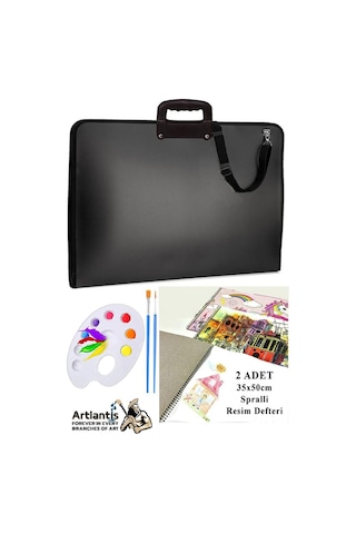 Resim Çantası 35x50 Cm Resim Defteri Palet Fırça Seti 1 Paket Siyah Resim Proje Çantası Fermuarlı Kulplu 37x54 Cm