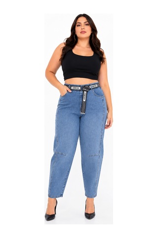 Zanessi Fashıon Büyük Beden Denim Kemerli Yüksek Bel Mom Kadın Pantolon Mavi