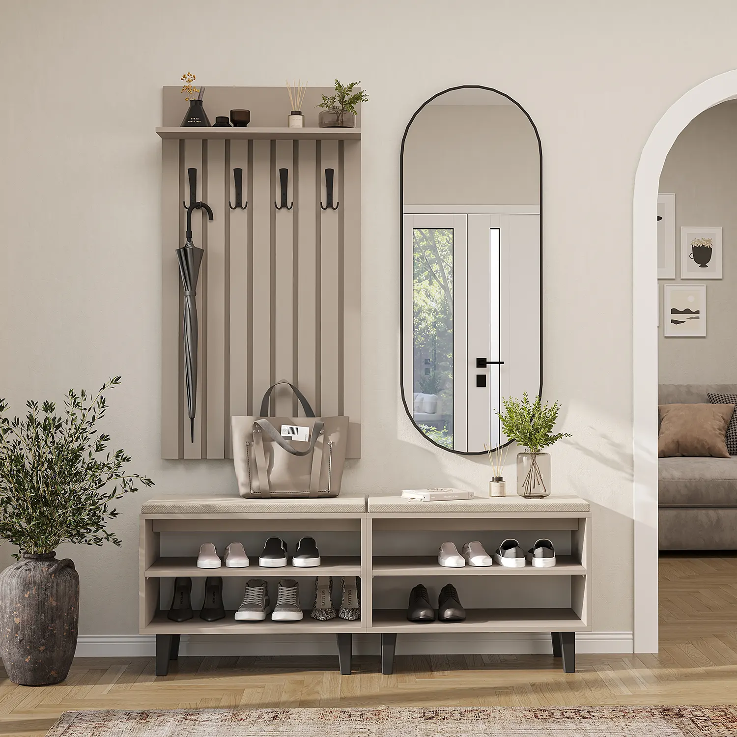 Nord Vestiyer Takımı Lambri Askılıklı, Bench, Modüler, Oval Aynalı Portmanto Takımı Kumtaşı