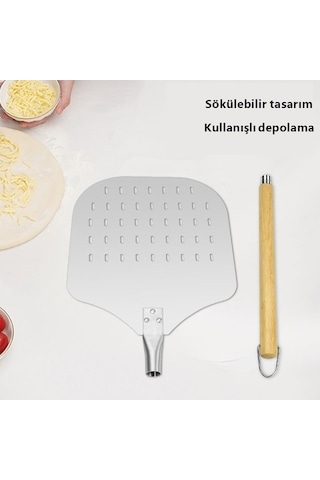 Çıkarılabilir Ahşap Sap Sızıntı Deliği Paslanmaz Çelik Pizza Spatulası Gümüş - Siyah Gümüş - Siyah