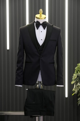 Slimfit Skinny Kesim Desenli Sivri Sabit Yaka Yelekli Papyonlu Smokin Takım Elbise 001