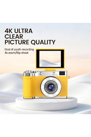 4k Çantalı Dijital Retro Video Kamera 48mp 16x Zoom Işıklı 32gb Kart Dijital Fotoğraf Makinesi Sarı Najmaddin