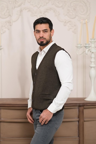 Woolen World Regular Fit Ön Cepli Kolsuz Erkek Triko Yelek Kahverengi