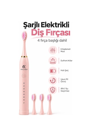 Exenar - Pembe - Şarjlı Elektrikli Diş Fırçası Dupont Yumuşak Kıllı 6 Mod 4 Yedek Başlıklı Ipx7 Su Geçirmez