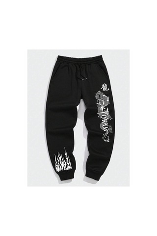 Tarzsokak Letter & Fire Print Drawstring Waist Eşofman Altı Siyah