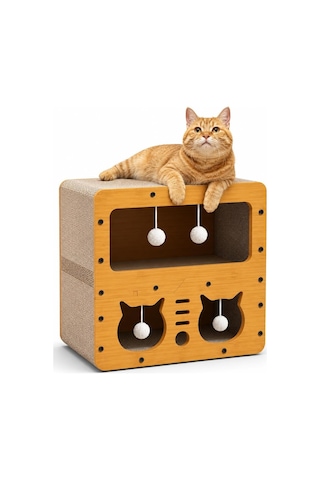 Kedi Tırmalama Evi - Ahşap Kedi Oyun Evi 45x28x51 Cm - Çift Katlı Karton Tırmalama Tahtalı Uyku Yuvası - Peluş T