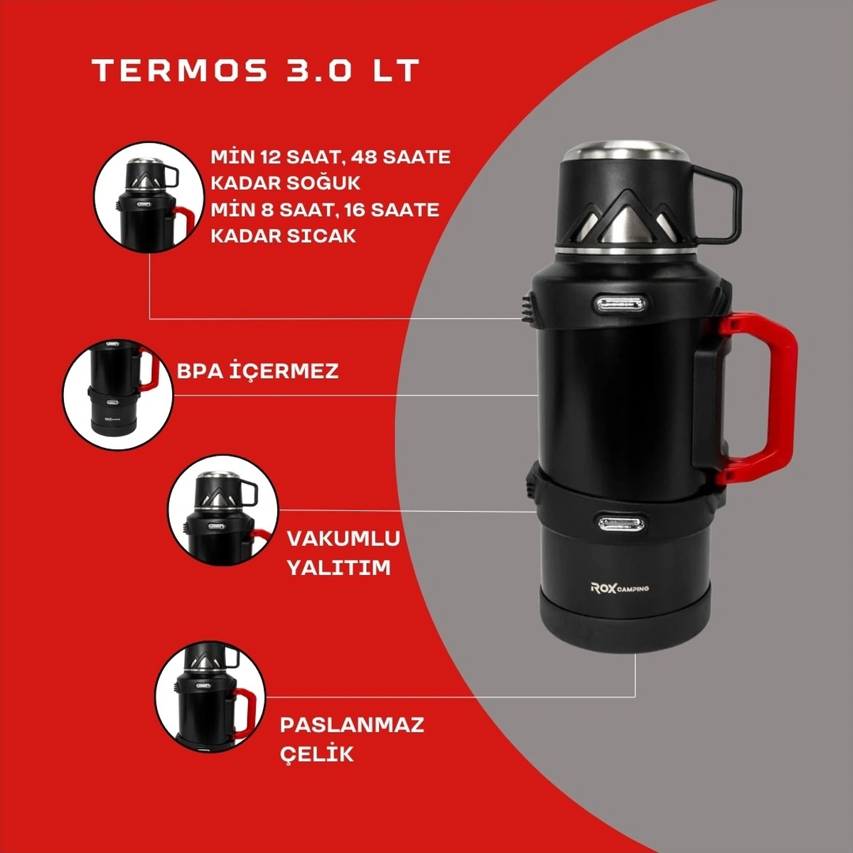 Rox Campıng 3 Lt Kamp Termos Siyah