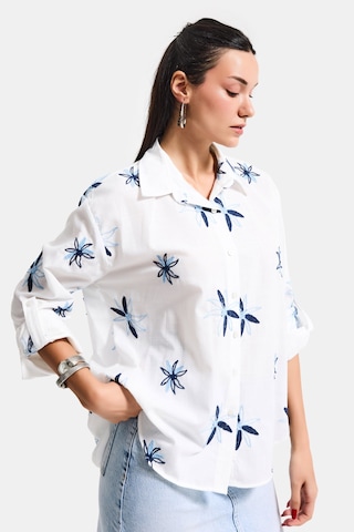 Itsbasic Kadın Beyaz Mavi S6-103 Oversize Nakışlı Gömlek