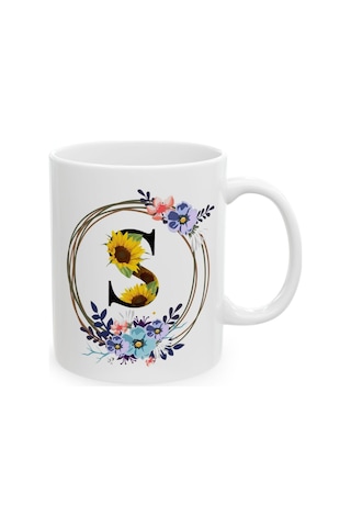 S Harf Baskılı Hediyelik Baskılı Porselen Beyaz Lüks Kupa Bardak Beyaz