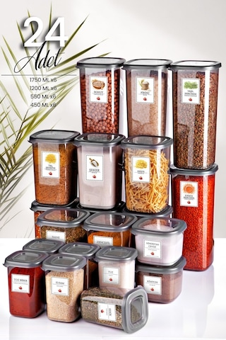 KitchenLife 24'lü Etiketli Modernity Kare Erzak Saklama Kabı Seti 6x1750 ML+ 6x1200 ML+6x550 ML+6x450 ML