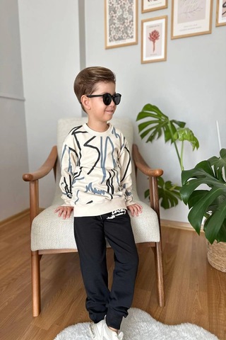 Çizgi Desenli Siyah Renk Erkek Çocuk Eşofman Takım Siyah