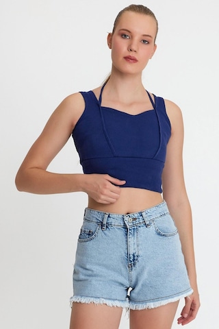 Polo State Kadın Ense Biye Detaylı Crop İndigo