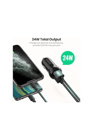 Ugreen Çift Portlu 24W Araç Çakmaklık Hızlı Şarj Cihazı