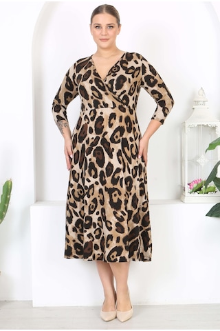 Mooi Xxl Kadın Kahve Siyah Leopar Desen Uzun Kol Kruvaze Yaka Büyük Beden Maxi Elbise Kahverengi