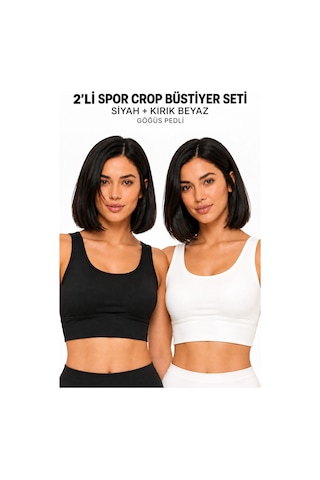 Mrm Pro Kadın 2 Li Pedli Spor Crop Büstiyer Seti Siyah Kırık Beyaz Geniş Askılı Esnek Çok Renkli Çok Renkli