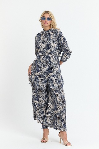 Schık Kadın Viskon Rahat Bol Paça Truvakar Kol Önü Düğme Baskılı Takım Lacivert