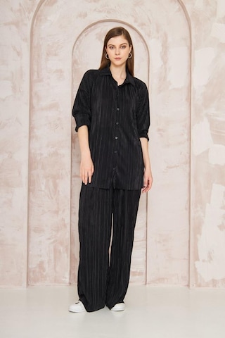 Kadın Pliseli Beli Lastikli Pantolon Tunik Gömlek Ikili Bürümcük Salaş Takım 3573300 Siyah