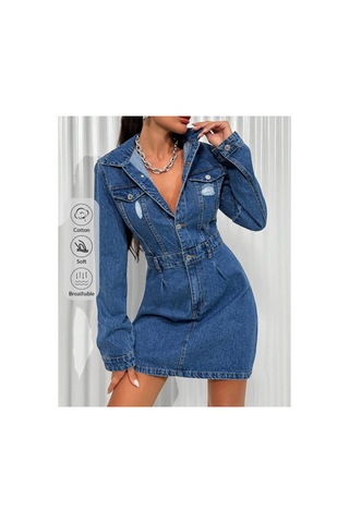 Kene Jeans Kadın Mavi Ön Pensli Lazer Yırtık İşlemli Kot Elbise Mavi