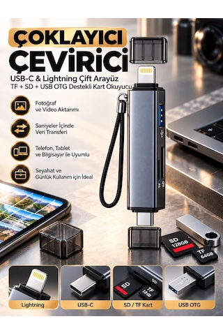 Type-c Lightning Çift Girişli Sd Tf Kart Okuyucu Usb Otg Apple iPhone Uyumlu Android Hafıza Kartı Adaptörü