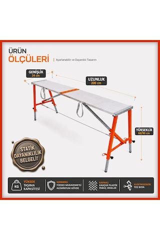 Alüminyum Gövdeli Çelik Ayaklı Teleskopik İnşaat İskelesi Kırmızı - 400 Kg Taşıma Kapasitesi 90x24x200cm