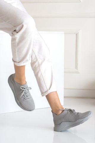 Kadın Triko Sneaker Bağcıklı Çorap Bileklik Detaylı Spor Ayakkabı 017 Buz
