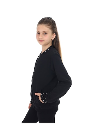 Toontoy Kız Çocuk Kolej Yaka Fermuarlı Cepli Boncuk İşlemeli Örme Hırka - 2 İplik Siyah