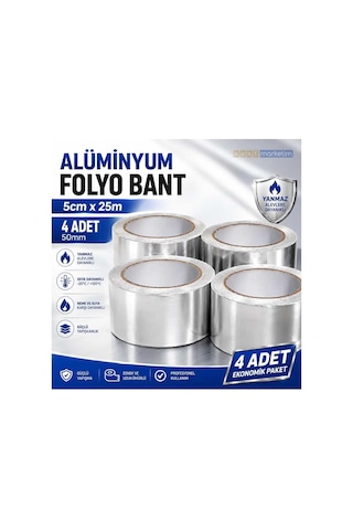 Alüminyum Folyo Bant 50mm X 25m 4 Adet Isı Ve Aleve Dayanıklı Yapışkanlı Folyo Bant Bant Marketim