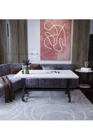 Makbulce Reyyan Orta Sehpa Siyah Metal Ayak Tekerlekli Beyaz