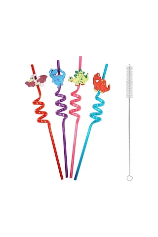 5 Parça Renkli Pipet Seti - Emojili Spiral Kokteyl- Çocuk Pipeti Temizleme Fırçalı Diğer