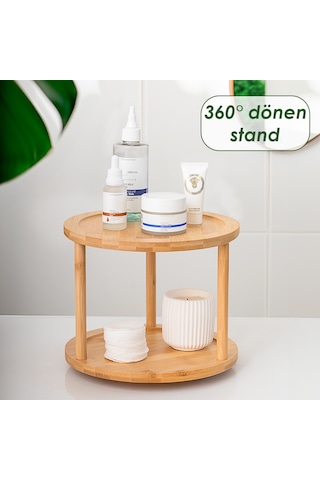 Porsima 76073 Bambu Döner Standlı Sunumluk Makyaj Organizeri Ahşap 2 Katlı Düzenleyici Baharatlık Standı