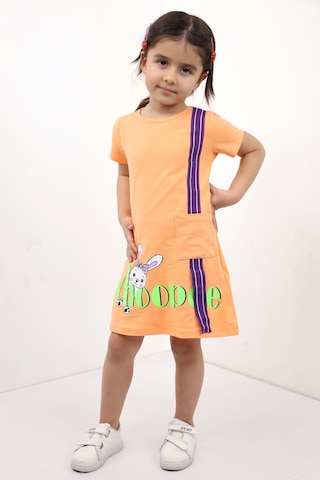 Toontoy Kız Çocuk Cepli Şeritli Tavşan Baskılı Elbise Turuncu