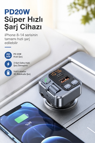 Bluetooth 5.3 Fm Transmitter Araç Çakmaklık Şarj Cihazı Pd 20w Type-c Usb Hızlı Şarj Aux Eller Serbest Konuşma Dijital Voltaj Göstergeli
