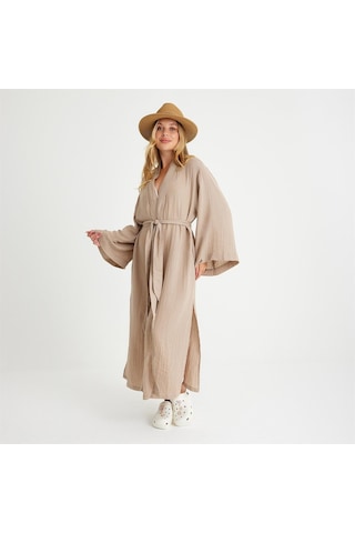 Pamuklu Dokuma Beli Kuşaklı Maxi Kadın Kimono Kaftan - Small Medium Bej