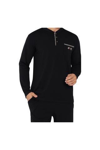 Erkek Siyah Bisiklet Yaka 3 Düğmeli Göğüs Cepli Pamuk Likra Mevsimlik Uzun Kol Cepli Pijama Takımı Siyah