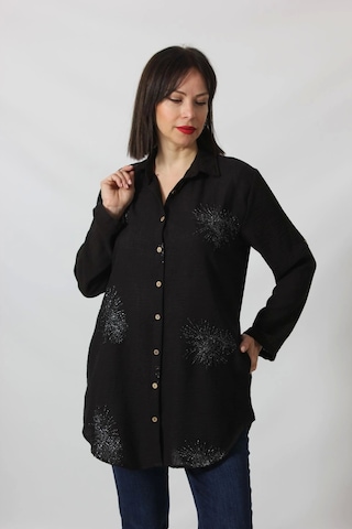 Moda Berray Sb-092 Siyah Gümüş Yaldızlı Güneş Desenli Kolu Apoletli Yandan Cepli Tunik Gömlek Kadın Büyük Beden Siyah