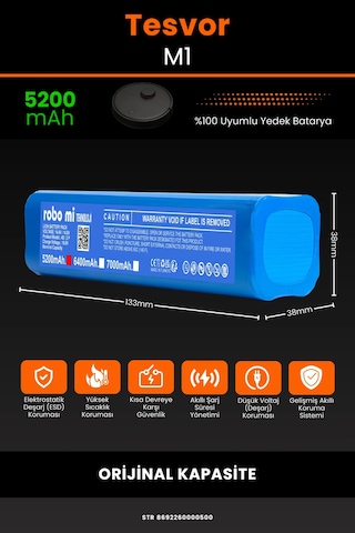 Tesvor M1 Uyumlu Lityum İyon Robot Süpürge Bataryası - Kapasite 5200mah