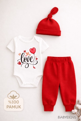 Babyden's Love Baskılı 3 Lü Bebek Takımı Kısa Kol Çıtçıtlı Body,pantolon Ve Şapka Set Kırmızı - Beyaz