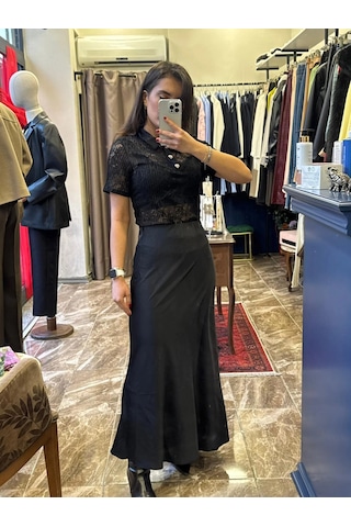 Ayçagüney Saten Beli Lastikli Maxi Etek - Siyah Siyah