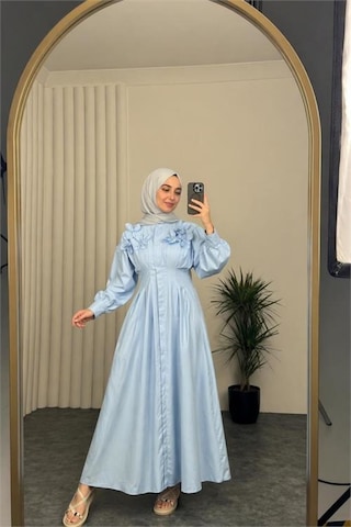 Neşeli Butik Kadın Bebe Mavi Belden Oturtmalı Çiçek Detaylı Premium Tesettür Elbise Nbvq4933 Bebe Mavisi