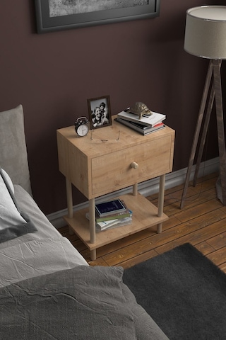 Düşer Kapaklı Raflı Modern Komodin Yatak Odası Başucu Düzenleyici Ahşap Ayaklı Yan Sehpa- Safir Meşe Safir Meşe