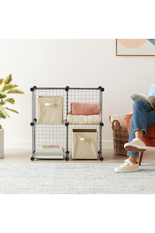 Dekoratif Tel Kafes Tasarımlı 4 Bölmeli Raf - Çok Amaçlı Tel Dolap Siyah