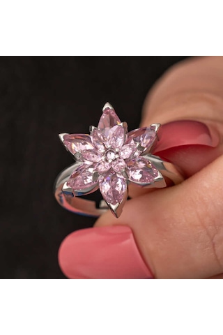 925 Ayar Gümüş Ayarlanabilir Pembe Lotus Çiçeği Kadın Yüzük Renkli