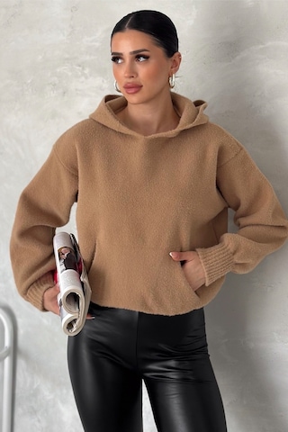 Femelle Kadın Kahverengi Standart Beden Kapüşonlu Peluş Triko Sweatshirt