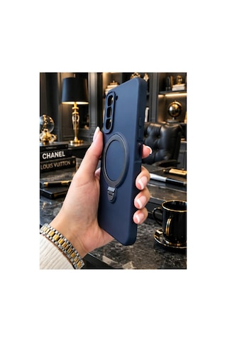 İnfinix Hot 70 4g İle Uyumlu 360 Derece Dönebilen Kalın Metal Magsafe Halka Stantlı İçi Kadife Korumalı Ultra Lüx Premium Silikon Kılıf Koyu Lacivert