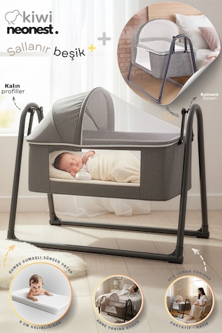 Kiwi Neonest Anne Yanı Kalın Yataklı Cibinlikli Ve Tenteli, Sallanır. Portatif Sepet Beşik Yeni Antrasit Yeni Antrasit